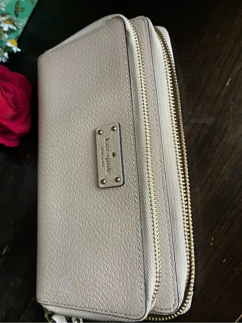 kate spade Pebbled Zip-Around Wristlet Wallet in Light Beige